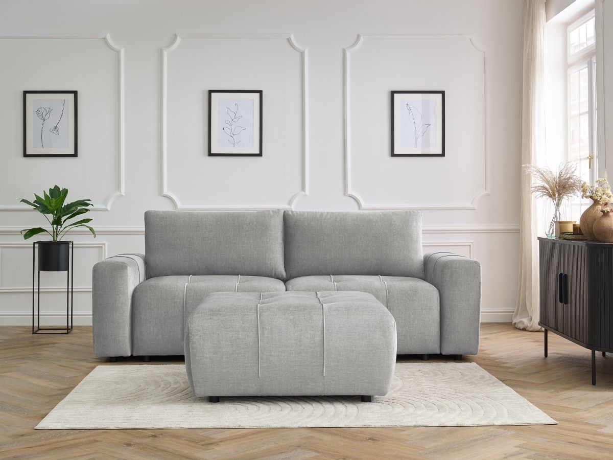 Canapé droit convertible coffre ARSENE tissu velours avec pouf