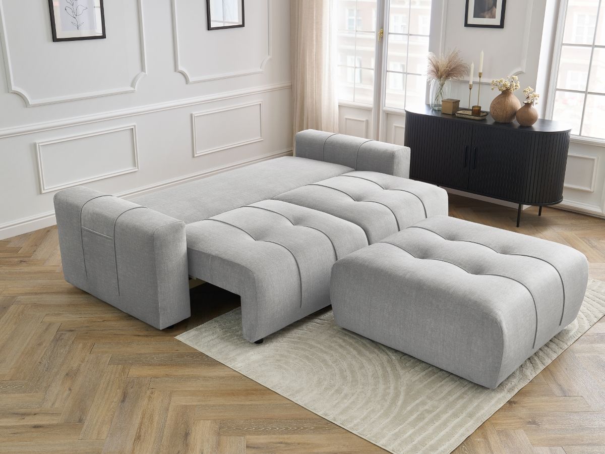 Canapé droit convertible coffre ARSENE tissu velours avec pouf