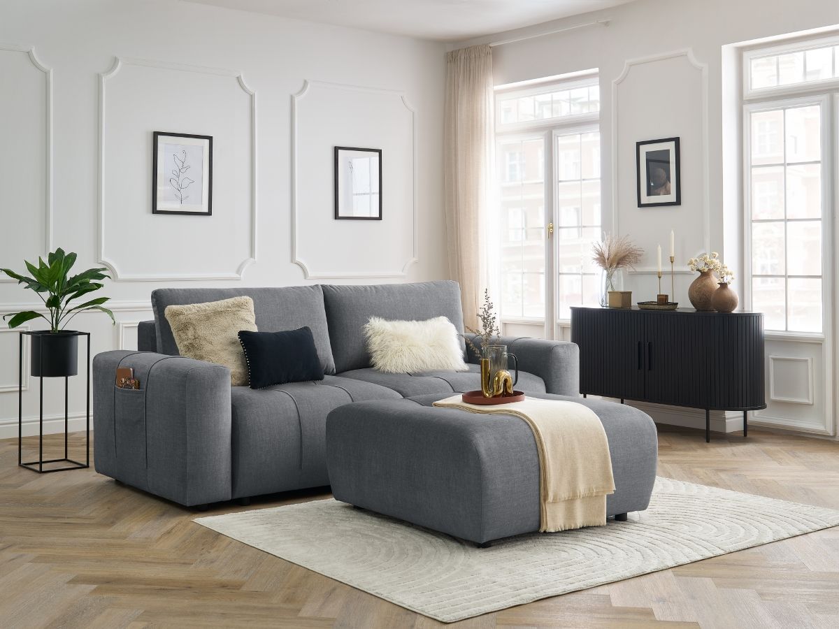 Canapé droit convertible coffre ARSENE tissu velours avec pouf