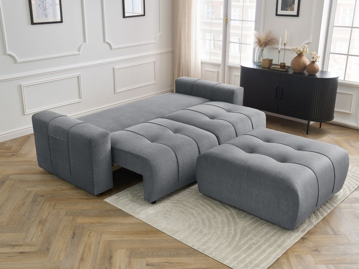 Canapé droit convertible coffre ARSENE tissu velours avec pouf