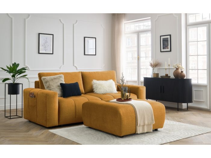 Canapé droit convertible coffre ARSENE tissu velours avec pouf