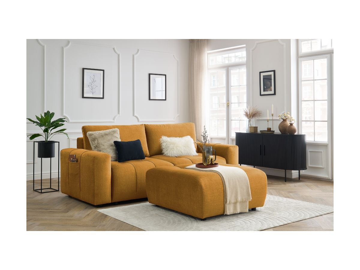 Canapé droit convertible coffre ARSENE tissu velours avec pouf