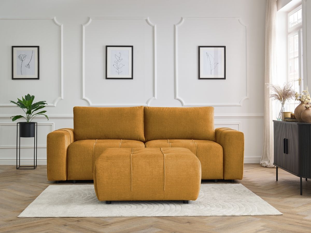 Canapé droit convertible coffre ARSENE tissu velours avec pouf