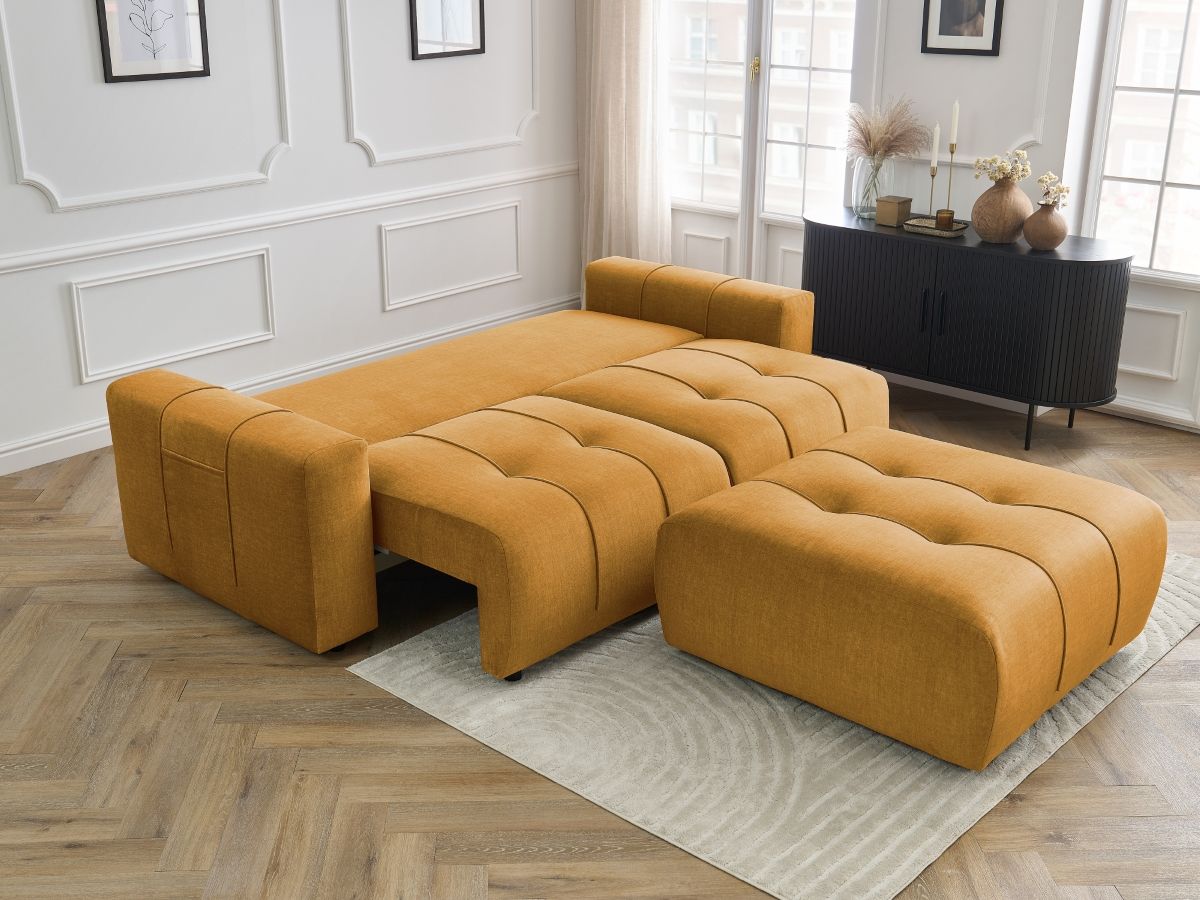 Canapé droit convertible coffre ARSENE tissu velours avec pouf