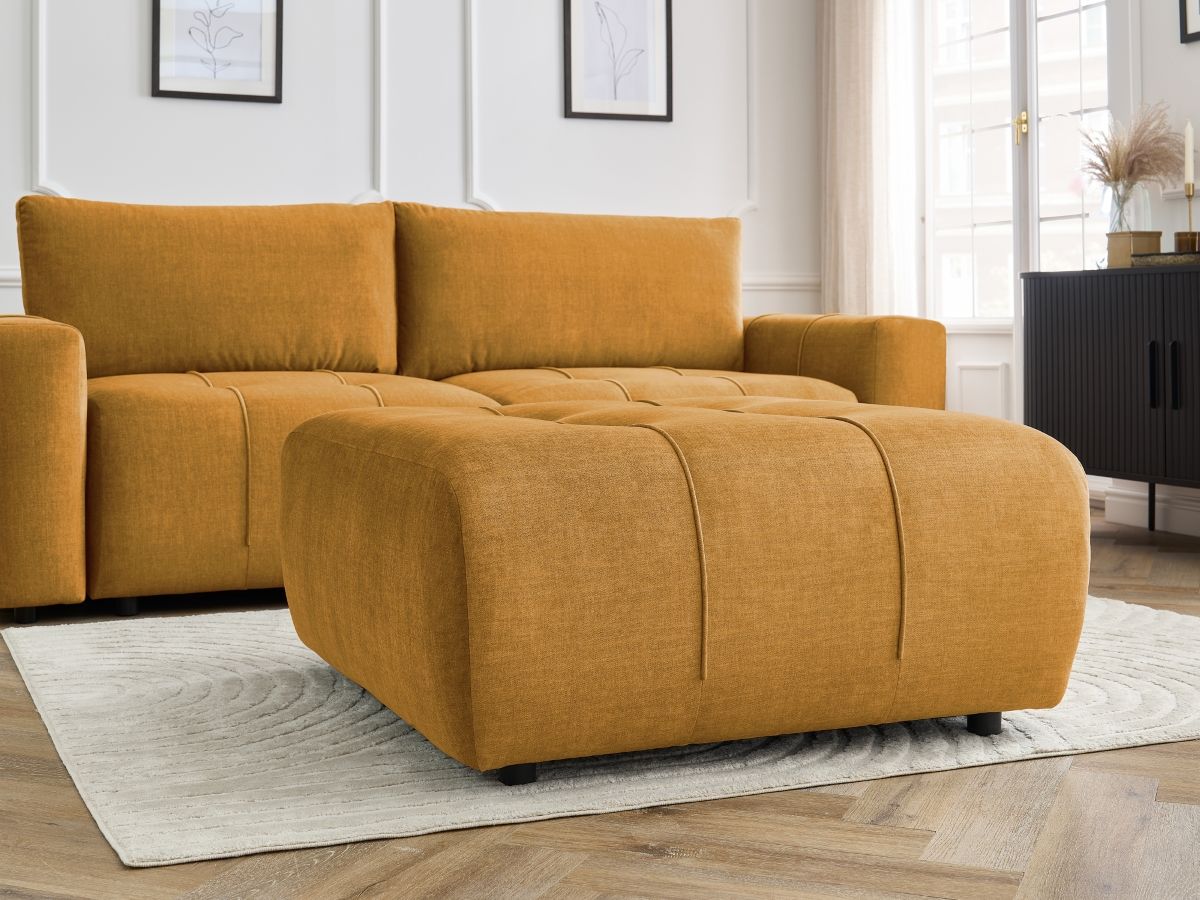 Canapé droit convertible coffre ARSENE tissu velours avec pouf