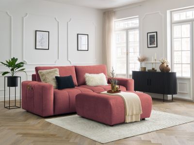 Canapé droit convertible coffre ARSENE tissu velours avec pouf