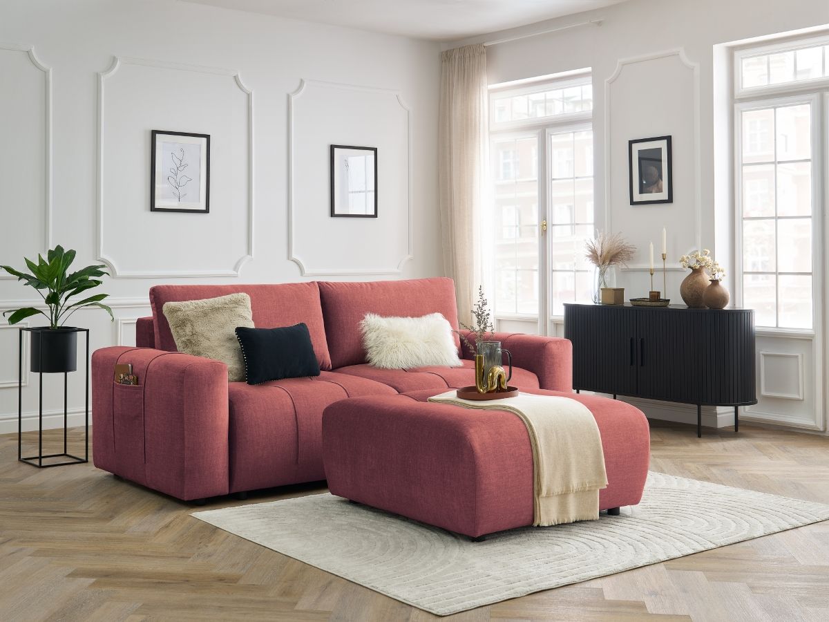 Canapé droit convertible coffre ARSENE tissu velours avec pouf