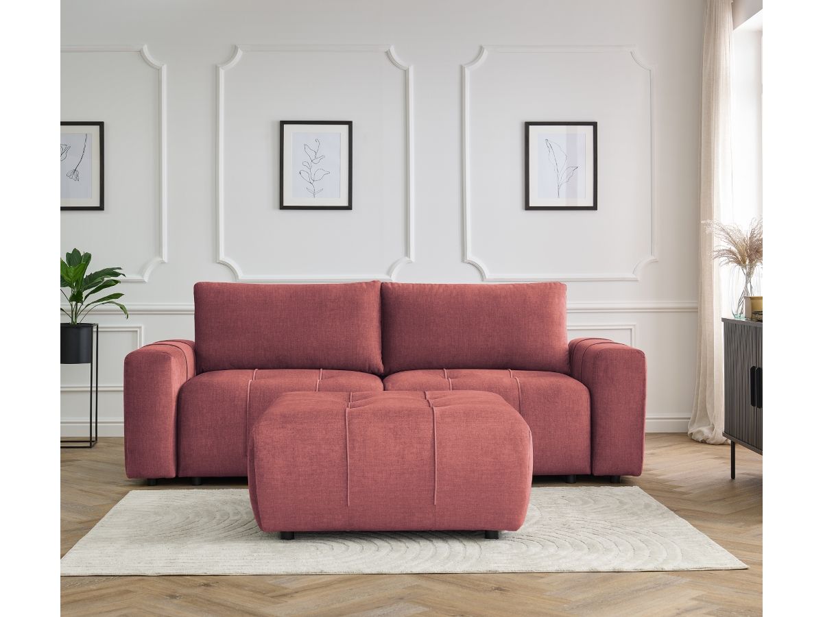 Canapé droit convertible coffre ARSENE tissu velours avec pouf