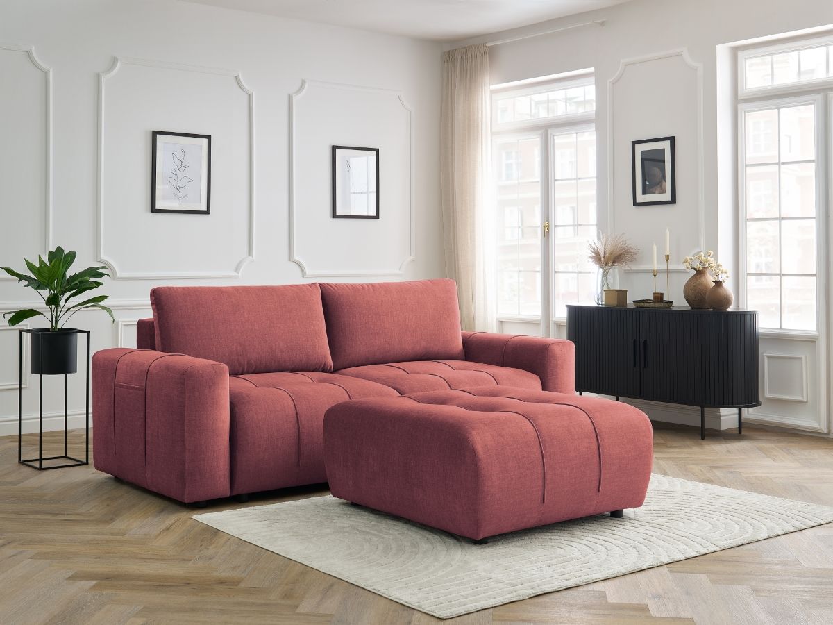 Canapé droit convertible coffre ARSENE velours avec pouf orange — vue 5