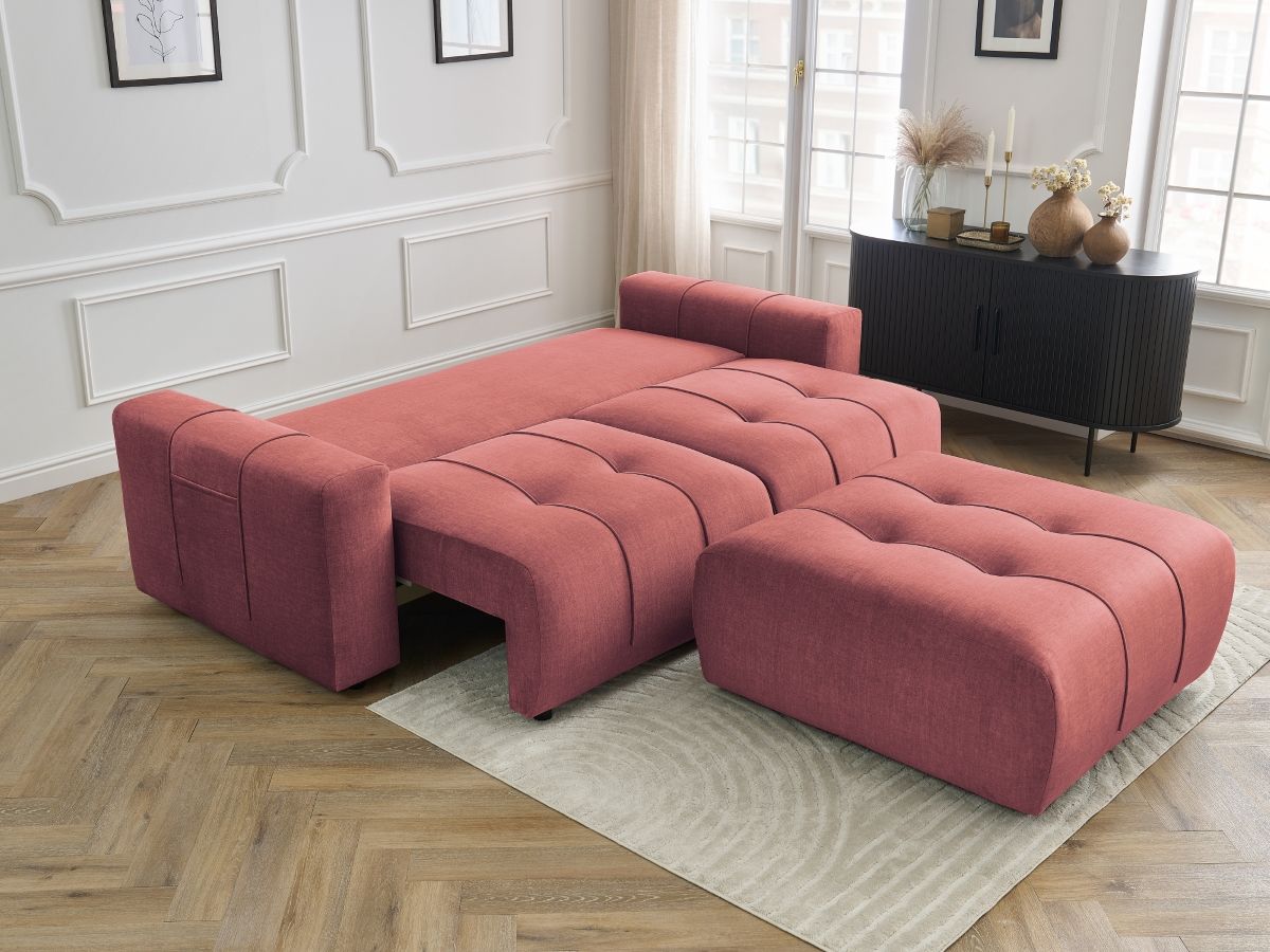 Canapé droit convertible coffre ARSENE tissu velours avec pouf