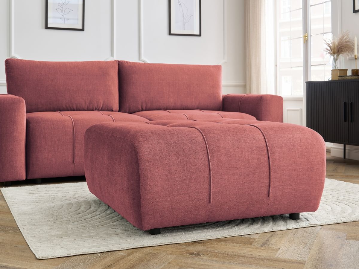 Canapé droit convertible coffre ARSENE tissu velours avec pouf