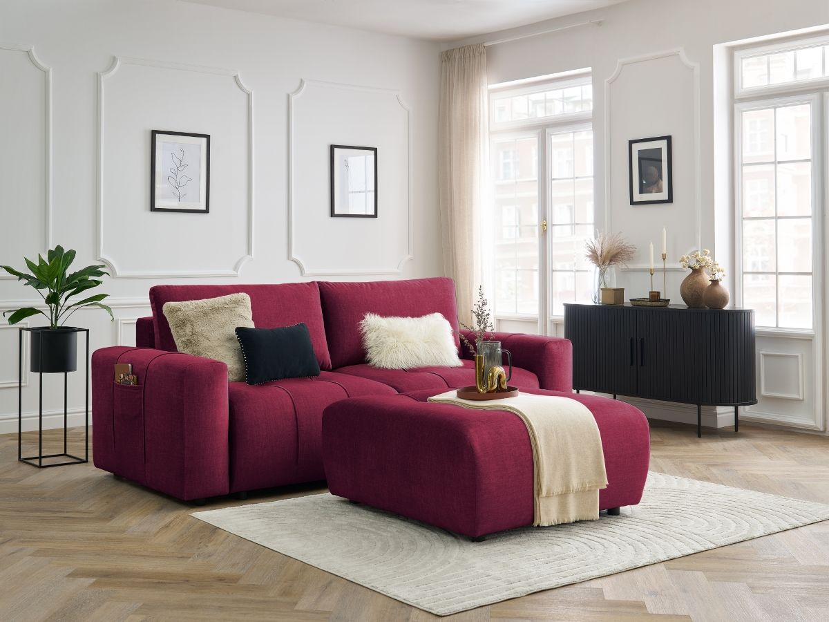 Canapé droit convertible coffre ARSENE tissu velours avec pouf rouge   BOBOCHIC 4 places