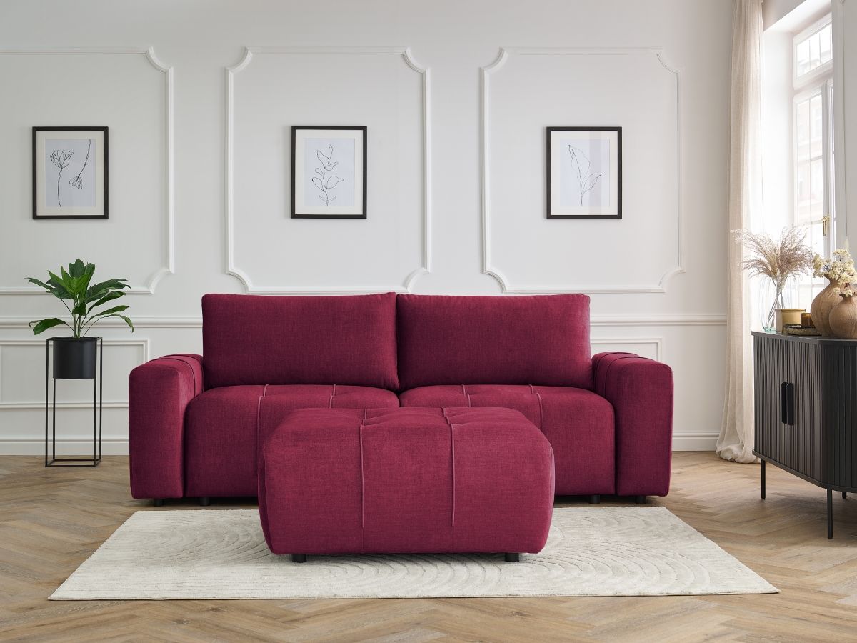 Canapé droit convertible coffre ARSENE tissu velours avec pouf