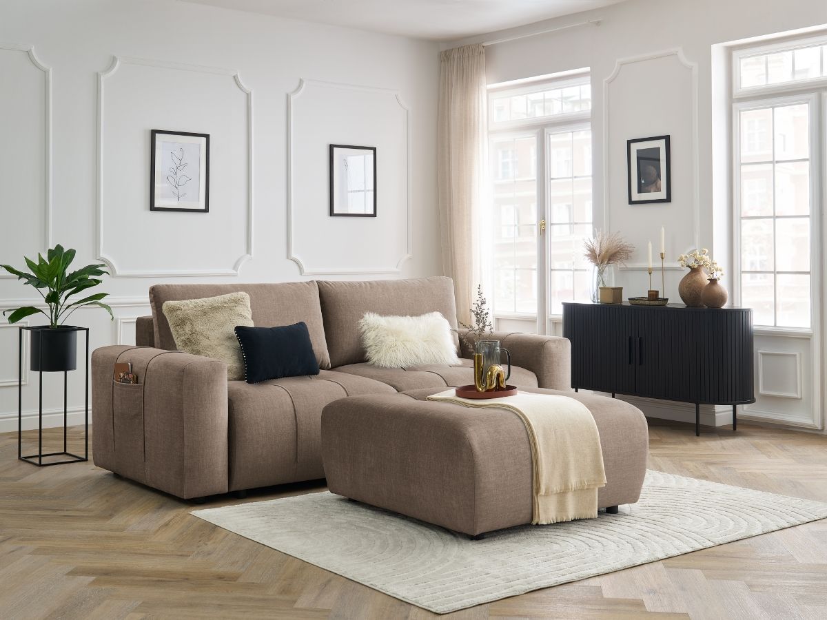 Canapé droit convertible coffre ARSENE tissu velours avec pouf