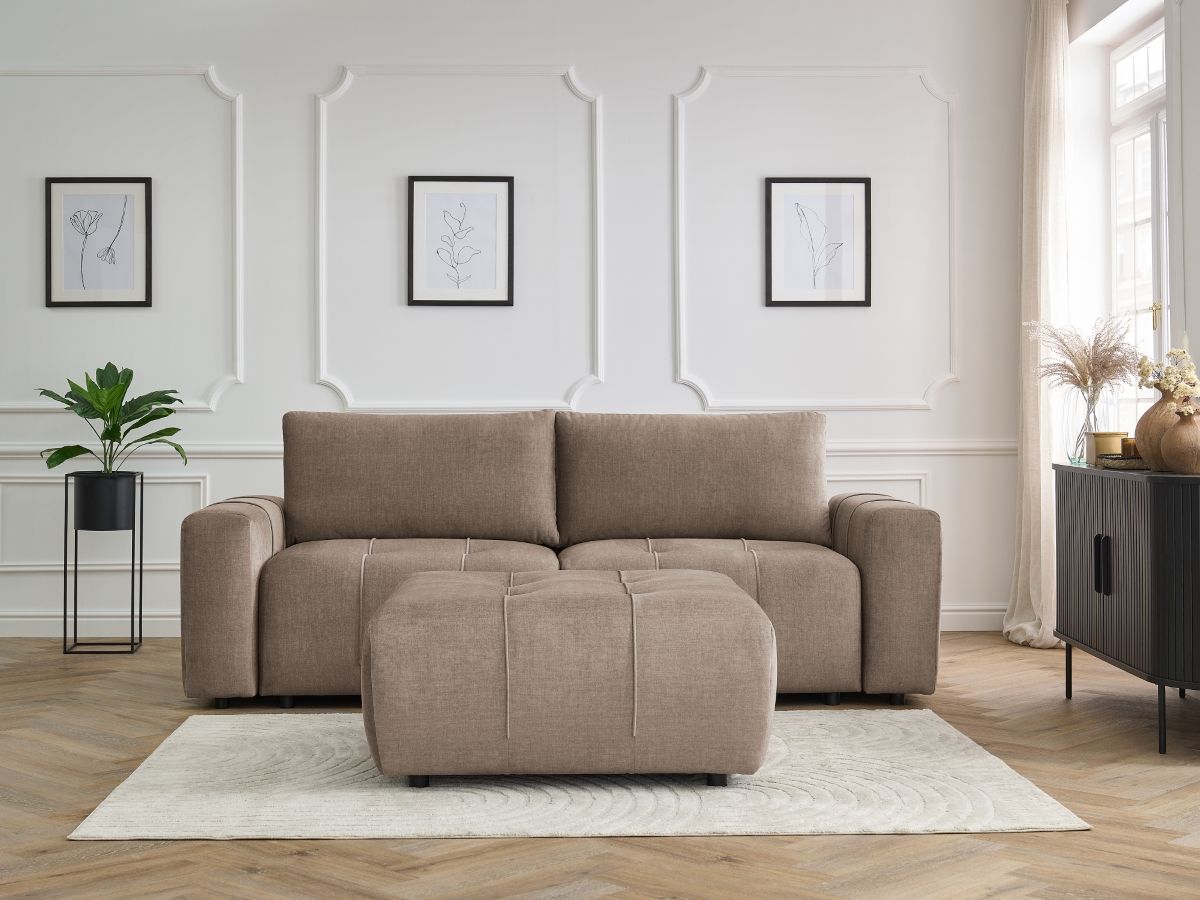 Canapé droit convertible coffre ARSENE tissu velours avec pouf