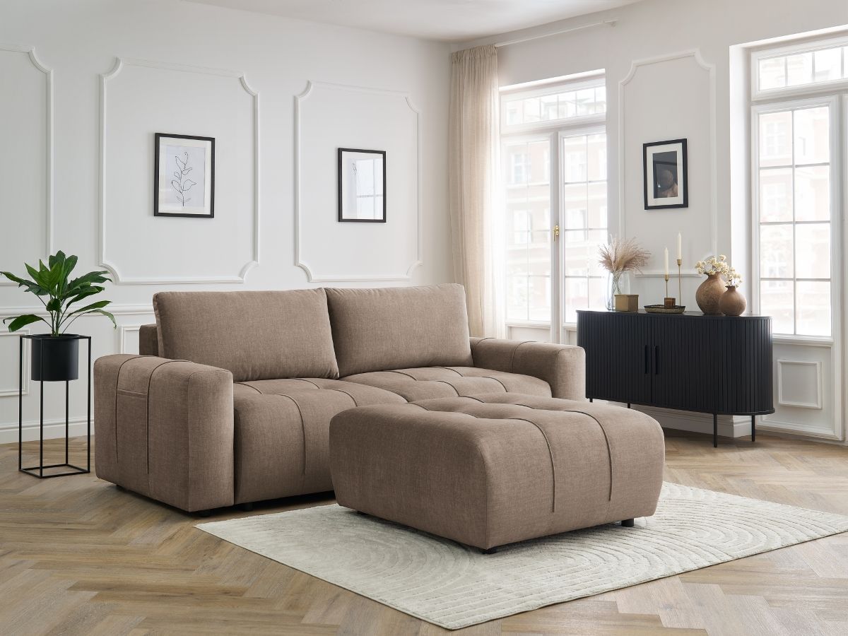 Canapé droit convertible coffre ARSENE velours avec pouf taupe — vue 5