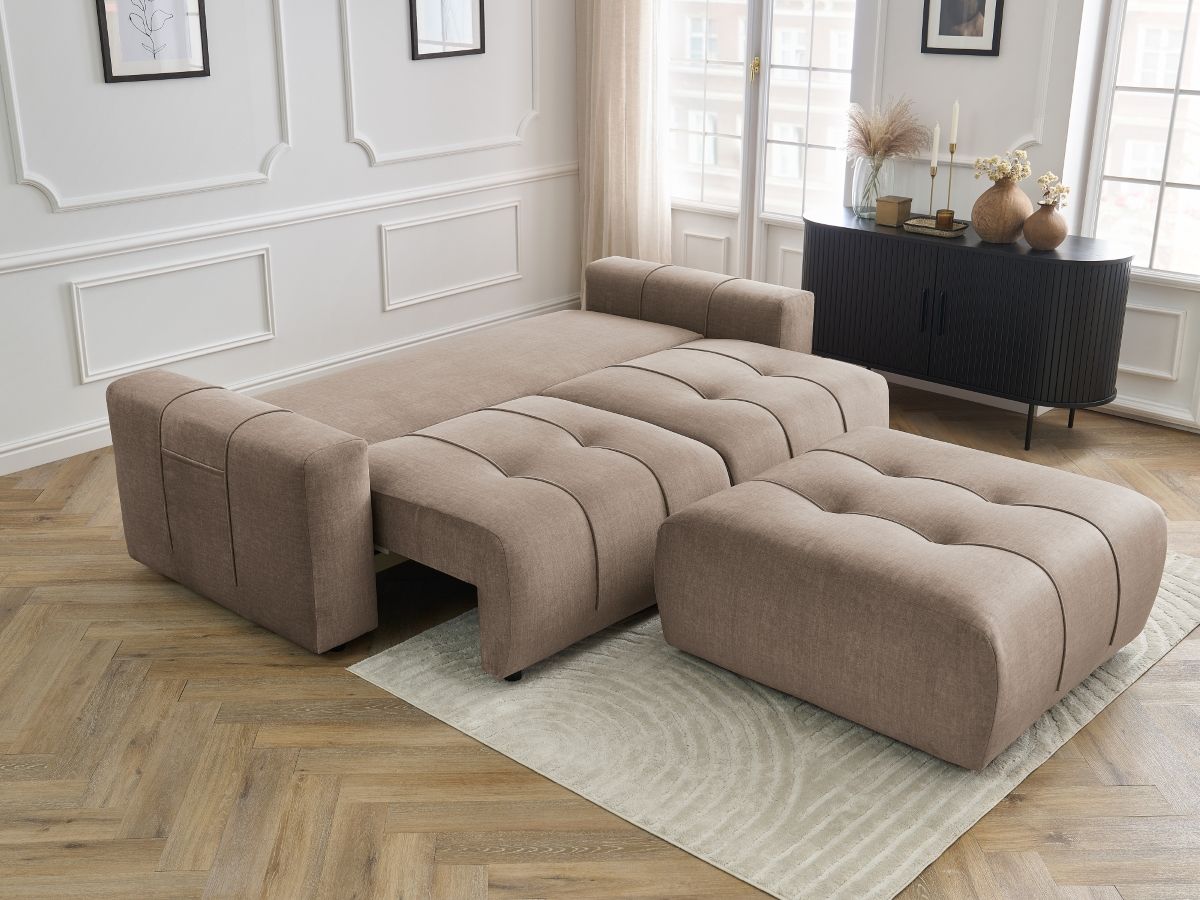 Canapé droit convertible coffre ARSENE tissu velours avec pouf