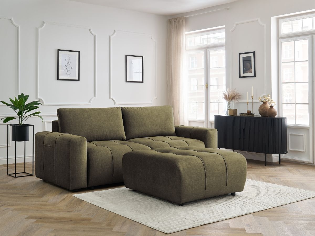 Canapé droit convertible coffre ARSENE velours avec pouf vert — vue 5