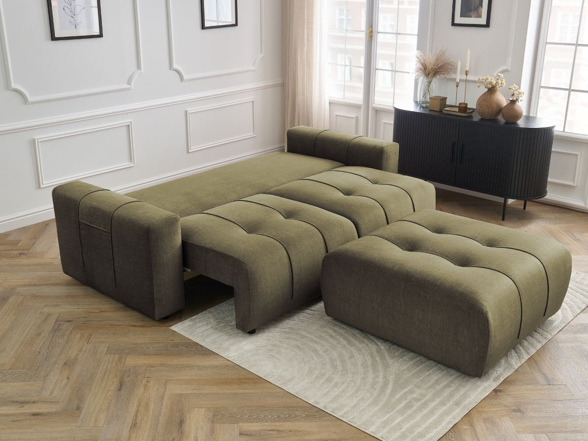 Canapé droit convertible coffre ARSENE tissu velours avec pouf