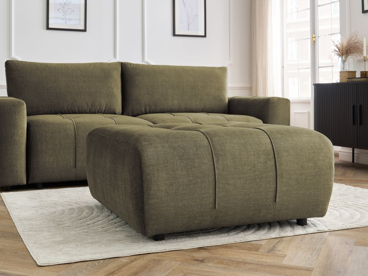 Canapé droit convertible coffre ARSENE tissu velours avec pouf
