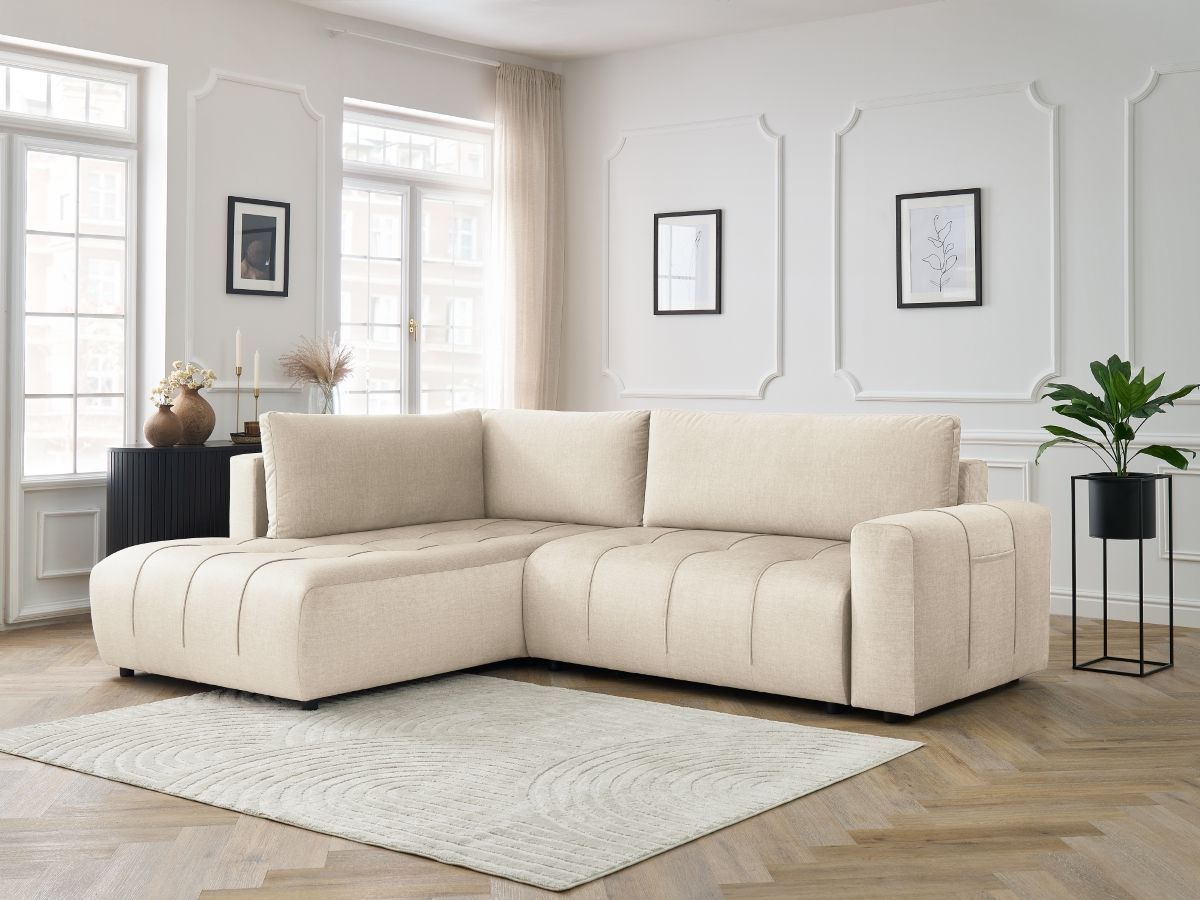 Canapé d'angle L convertible coffre ARSENE tissu velours beige angle gauche BOBOCHIC 3 places - Vue supplémentaire 3