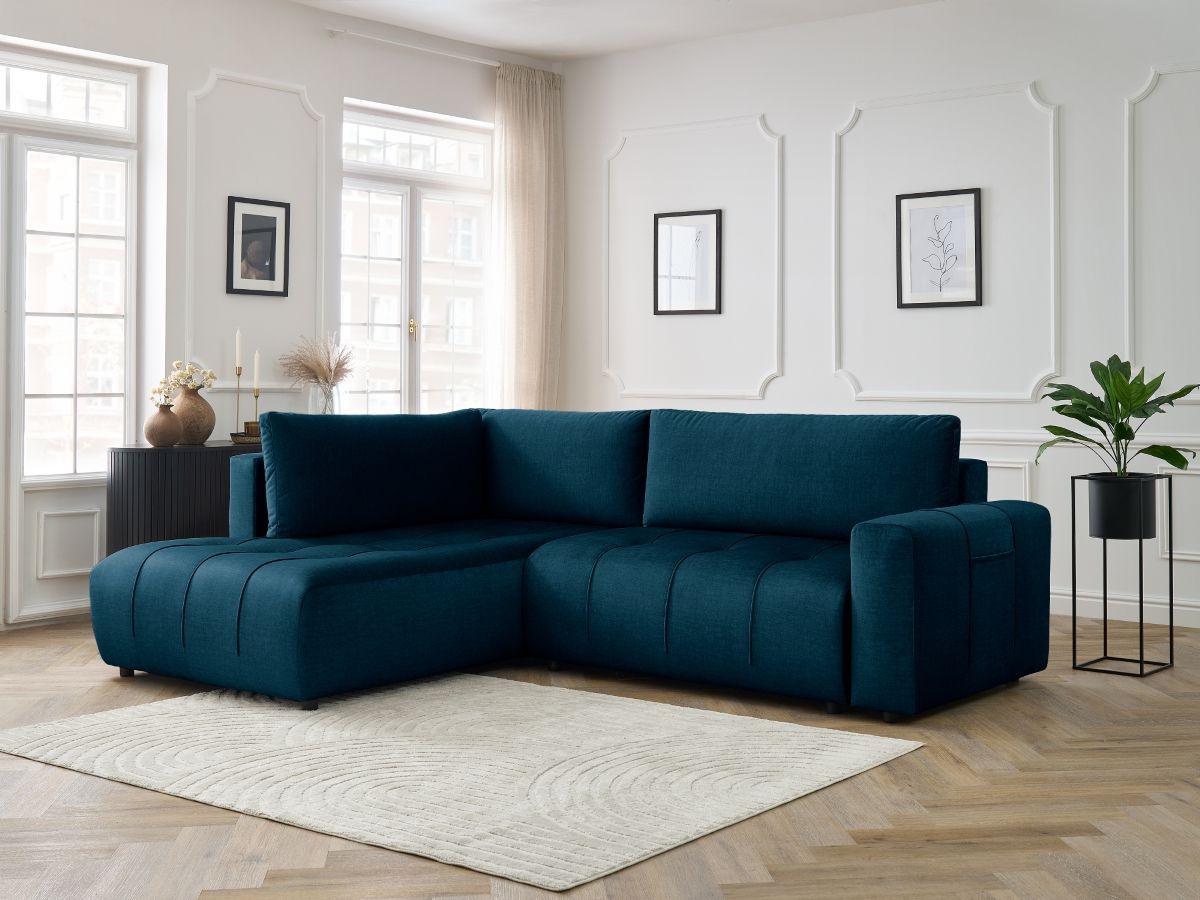 Canapé d'angle L convertible coffre ARSENE tissu velours bleu foncé angle gauche BOBOCHIC 3 places - Vue supplémentaire 3