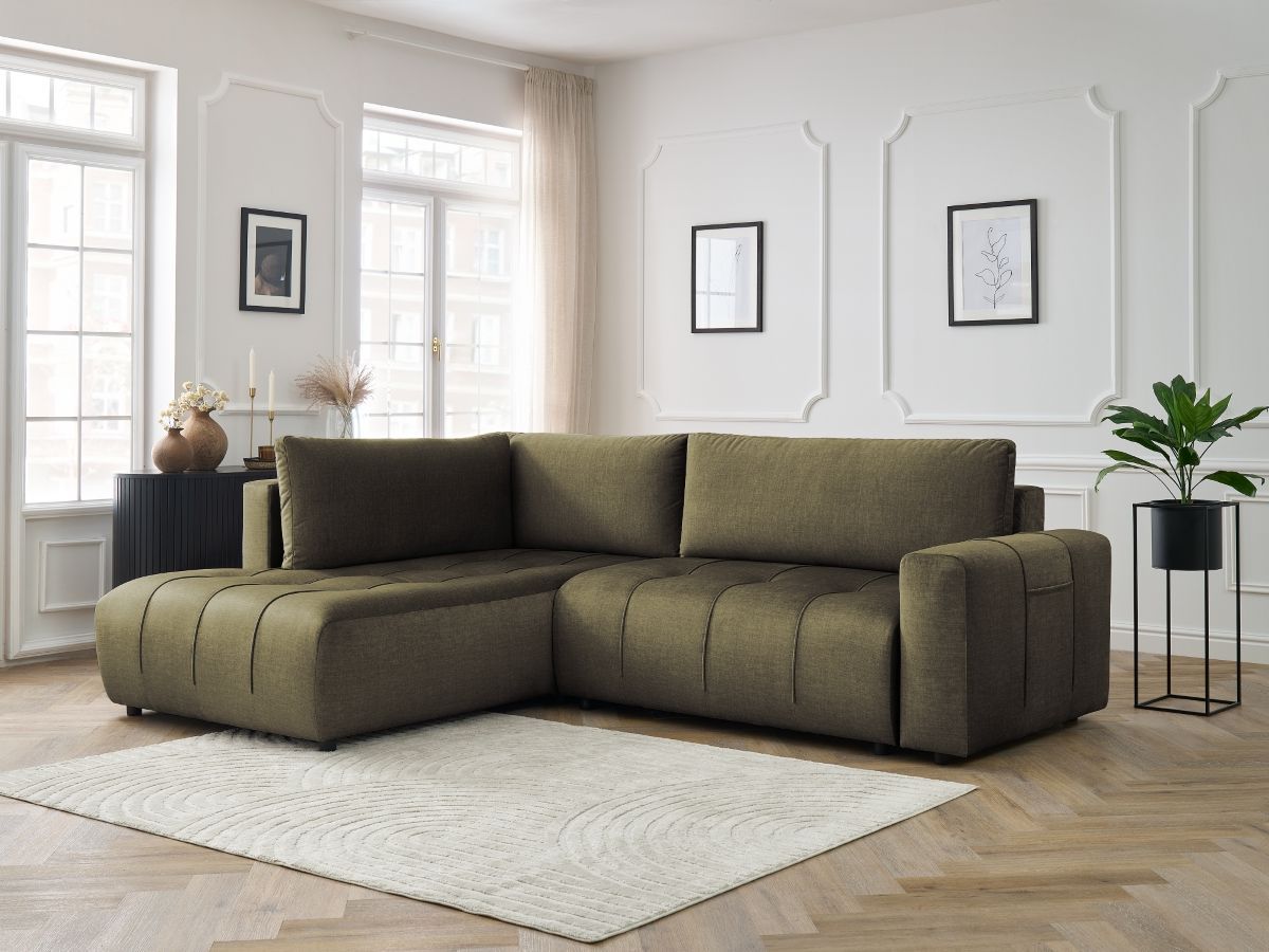 Canapé d'angle L convertible coffre ARSENE tissu velours vert angle gauche BOBOCHIC 3 places - Vue supplémentaire 3