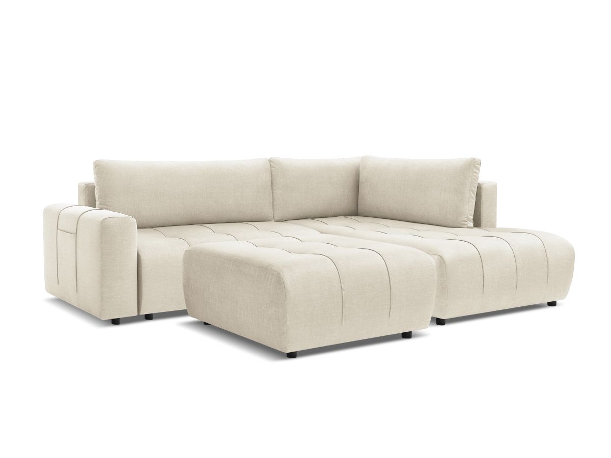 Canapé d'angle L convertible coffre ARSENE tissu velours avec pouf