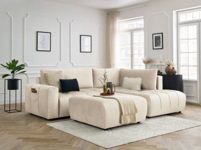 Canapé d'angle L convertible coffre ARSENE tissu velours avec pouf