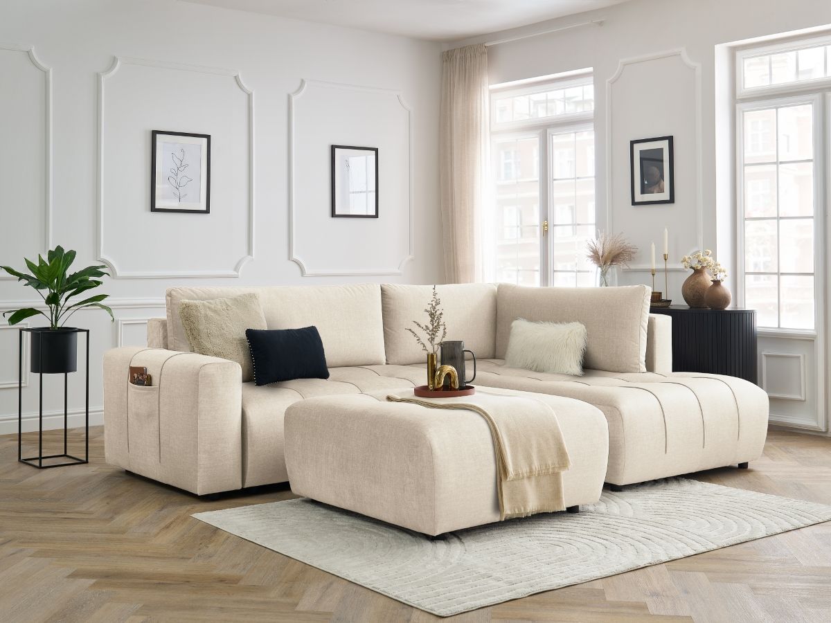 Canapé d'angle L convertible coffre ARSENE tissu velours avec pouf