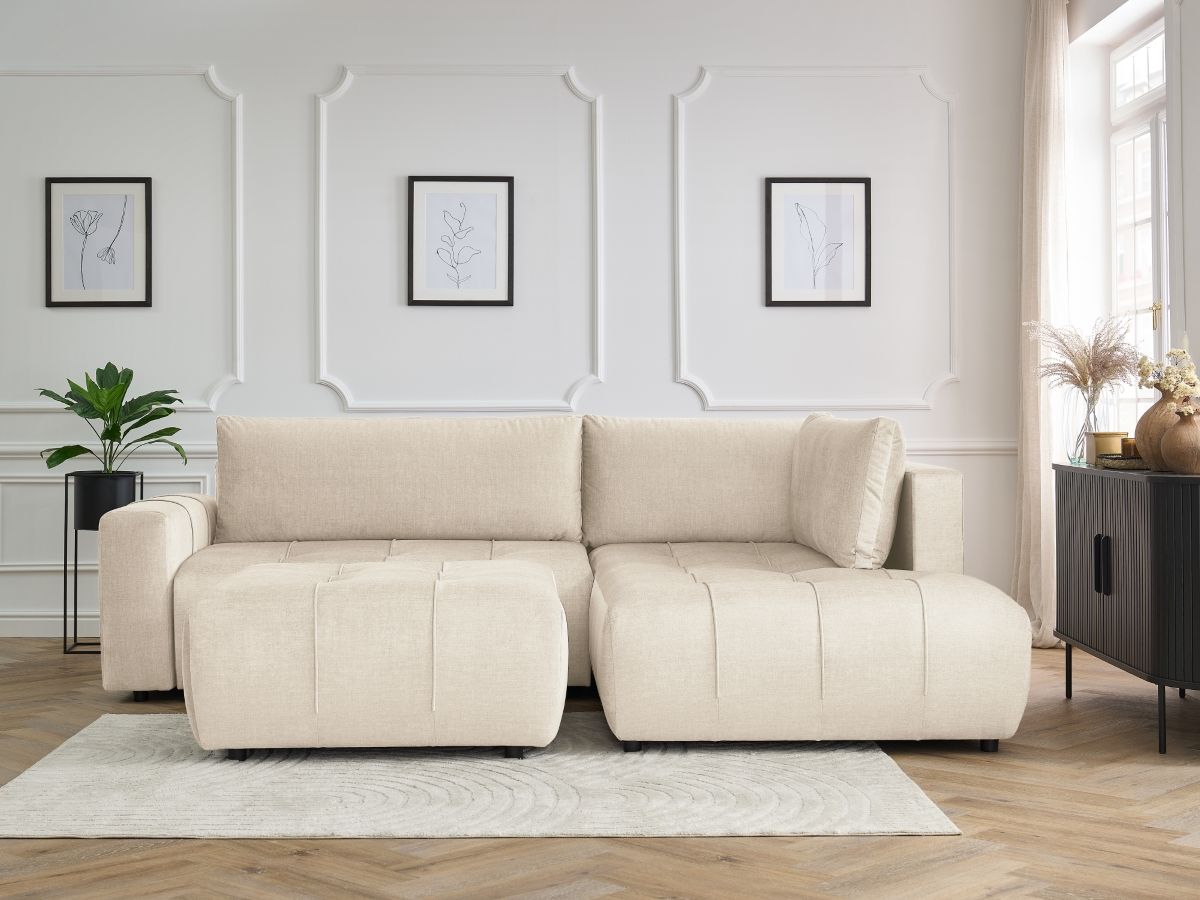 Canapé d'angle L convertible coffre ARSENE tissu velours avec pouf
