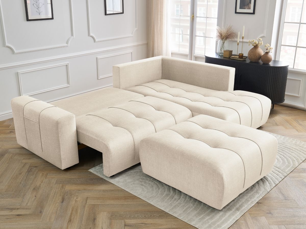 Canapé d'angle L convertible coffre ARSENE tissu velours avec pouf