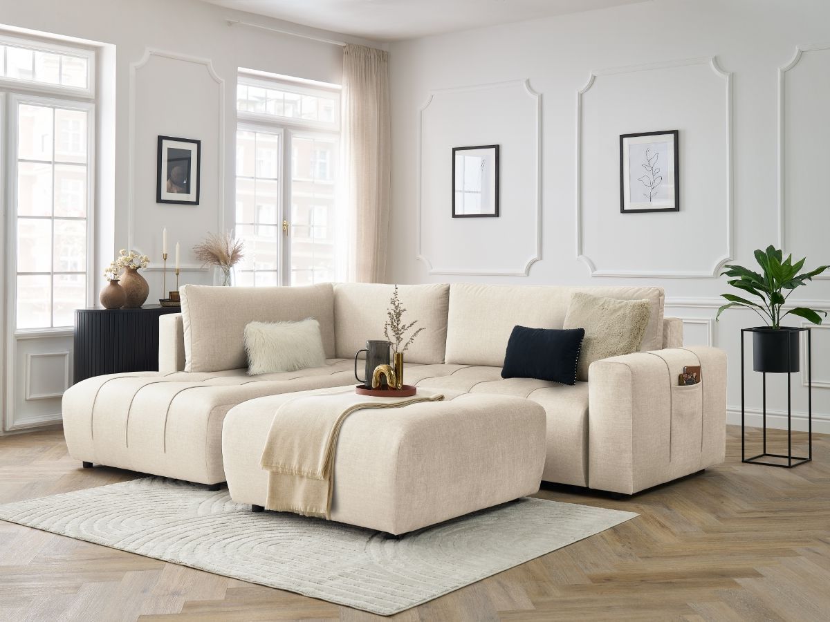 Canapé d'angle L convertible coffre ARSENE tissu velours avec pouf