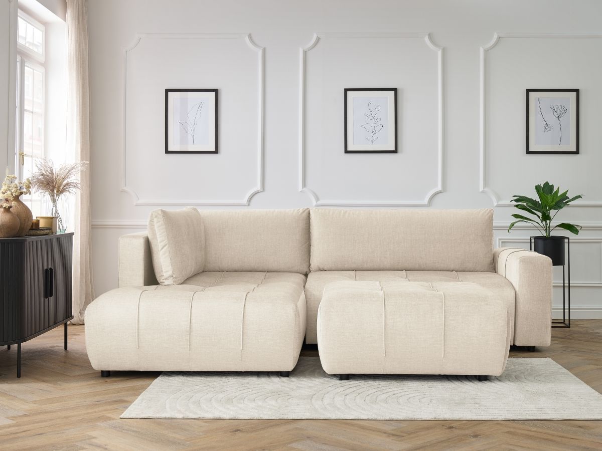 Canapé d'angle L convertible coffre ARSENE tissu velours avec pouf