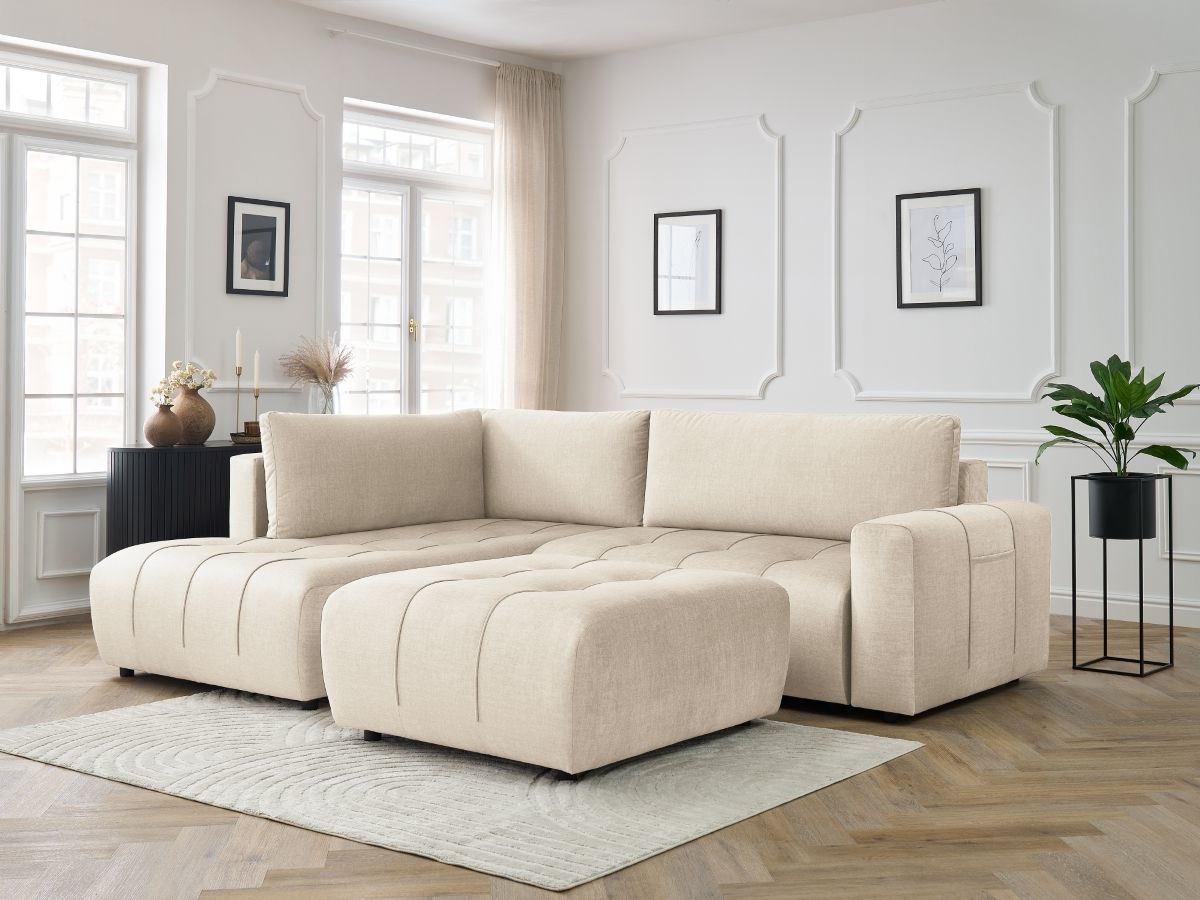 Canapé d'angle L convertible coffre ARSENE tissu velours avec pouf beige angle gauche BOBOCHIC 4 places - Vue supplémentaire 3