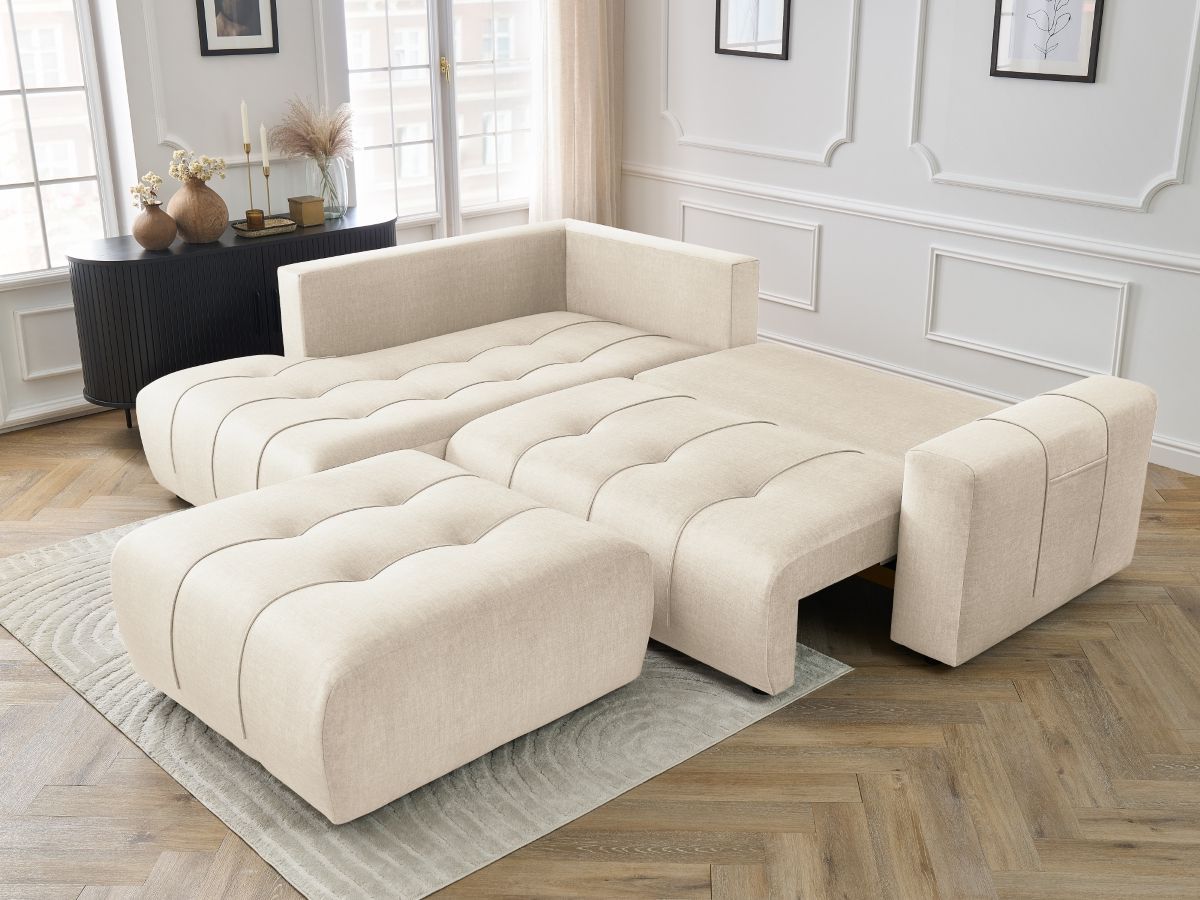 Canapé d'angle L convertible coffre ARSENE tissu velours avec pouf