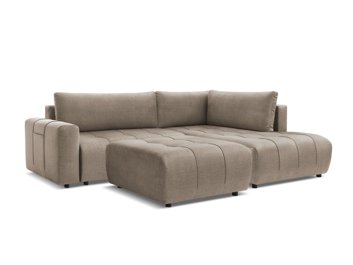 Canapé d'angle L convertible coffre ARSENE tissu velours avec pouf