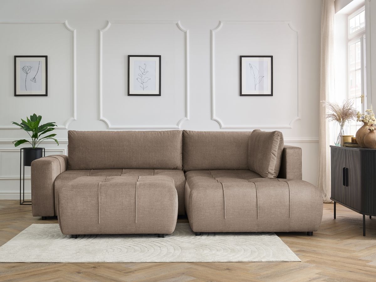 Canapé d'angle L convertible coffre ARSENE tissu velours avec pouf