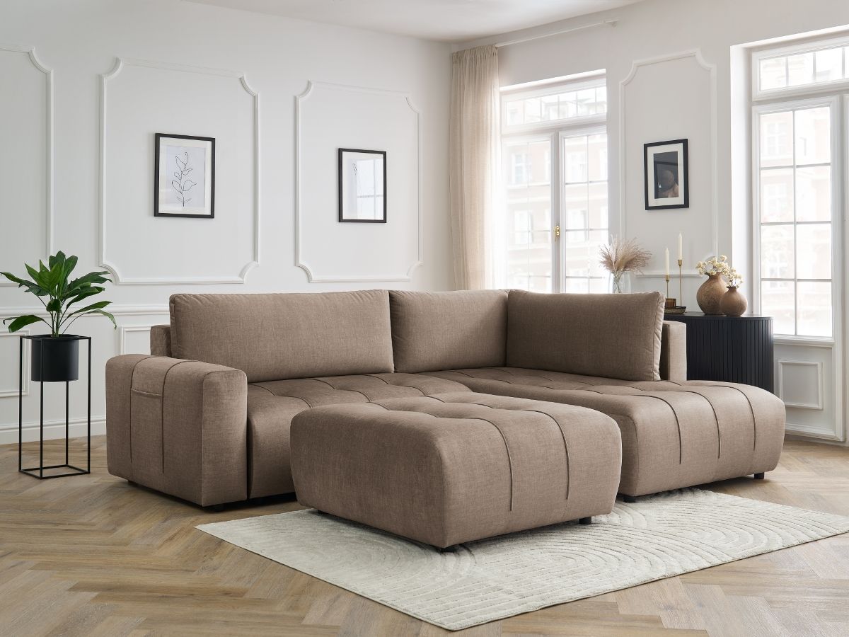 Canapé d'angle L convertible coffre ARSENE velours avec pouf taupe — vue 5