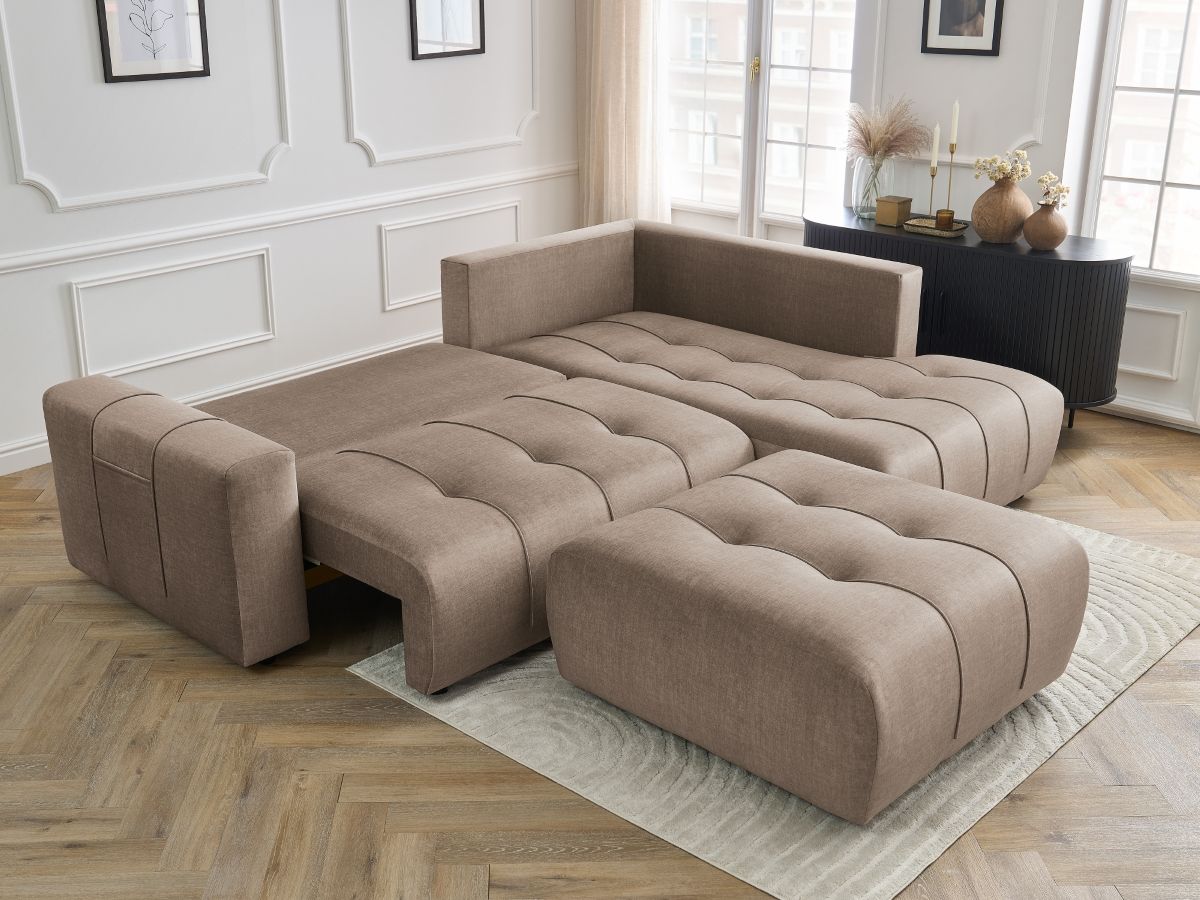 Canapé d'angle L convertible coffre ARSENE tissu velours avec pouf