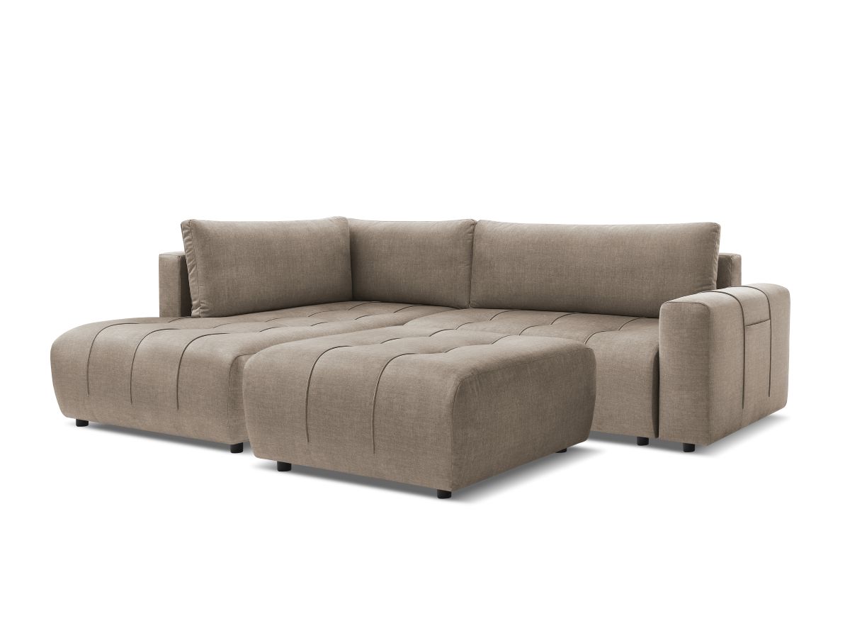 Canapé d'angle L convertible coffre ARSENE tissu velours avec pouf