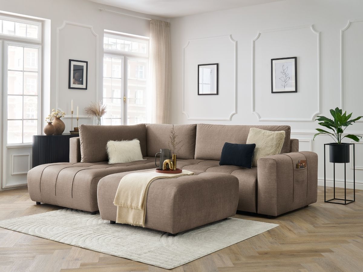 Canapé d'angle L convertible coffre ARSENE tissu velours avec pouf