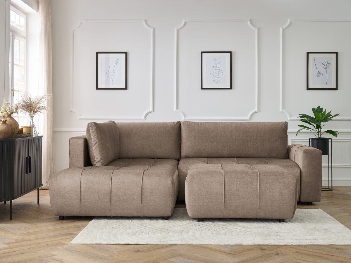 Canapé d'angle L convertible coffre ARSENE tissu velours avec pouf