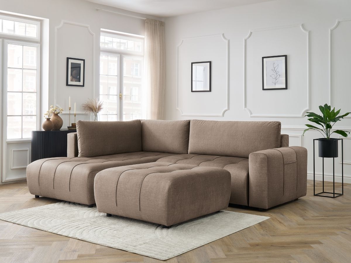 Canapé d'angle L convertible coffre ARSENE tissu velours avec pouf taupe angle gauche BOBOCHIC 4 places - Vue supplémentaire 3
