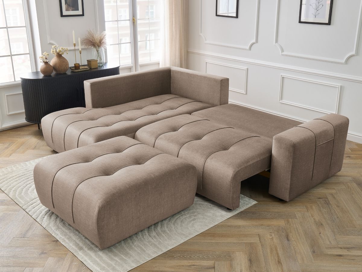 Canapé d'angle L convertible coffre ARSENE tissu velours avec pouf