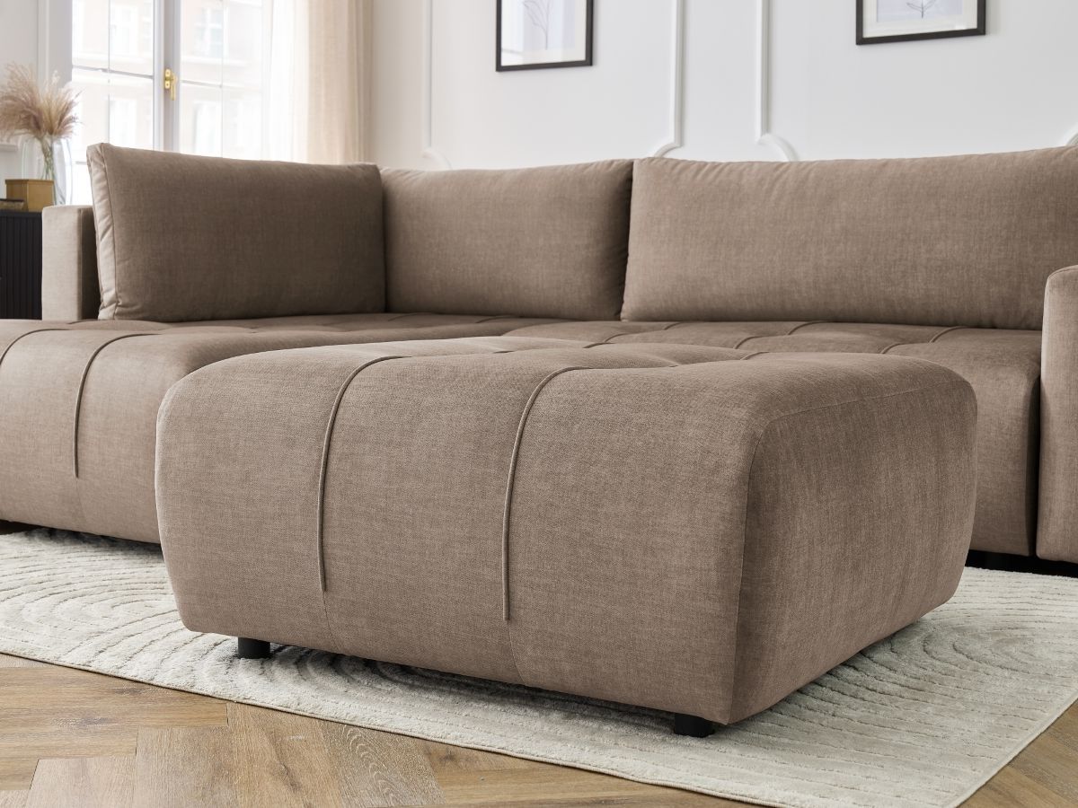 Canapé d'angle L convertible coffre ARSENE tissu velours avec pouf