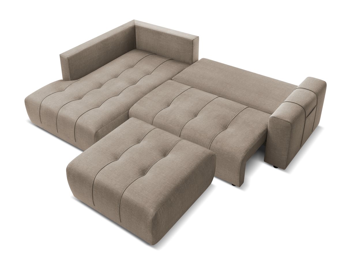 Canapé d'angle L convertible coffre ARSENE tissu velours avec pouf