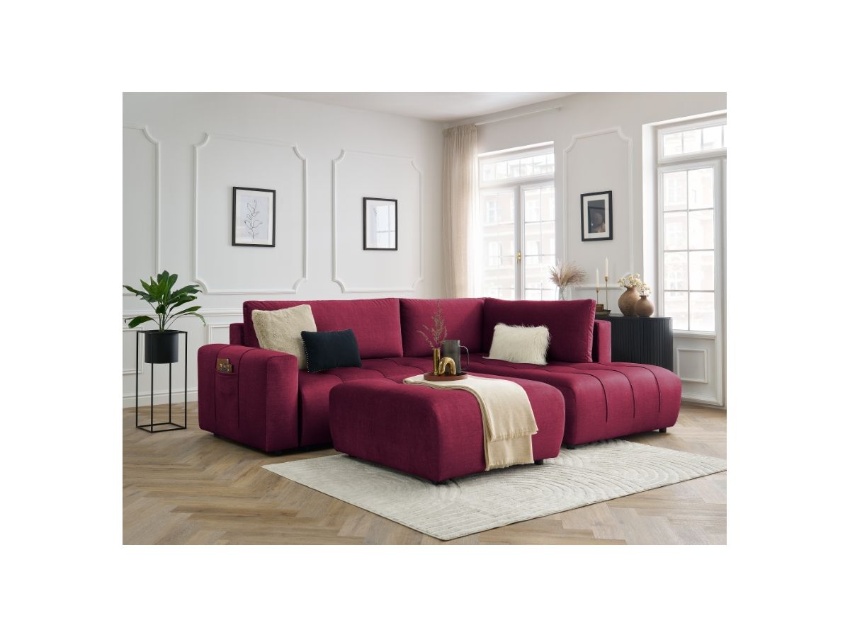 Canapé d'angle L convertible coffre ARSENE tissu velours avec pouf rouge  angle droit BOBOCHIC 4 places