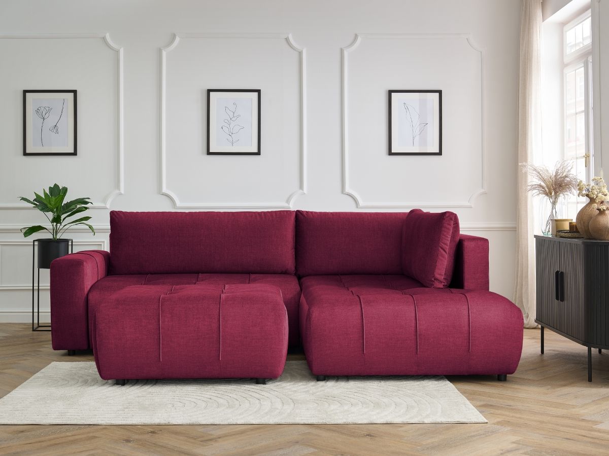 Canapé d'angle L convertible coffre ARSENE tissu velours avec pouf