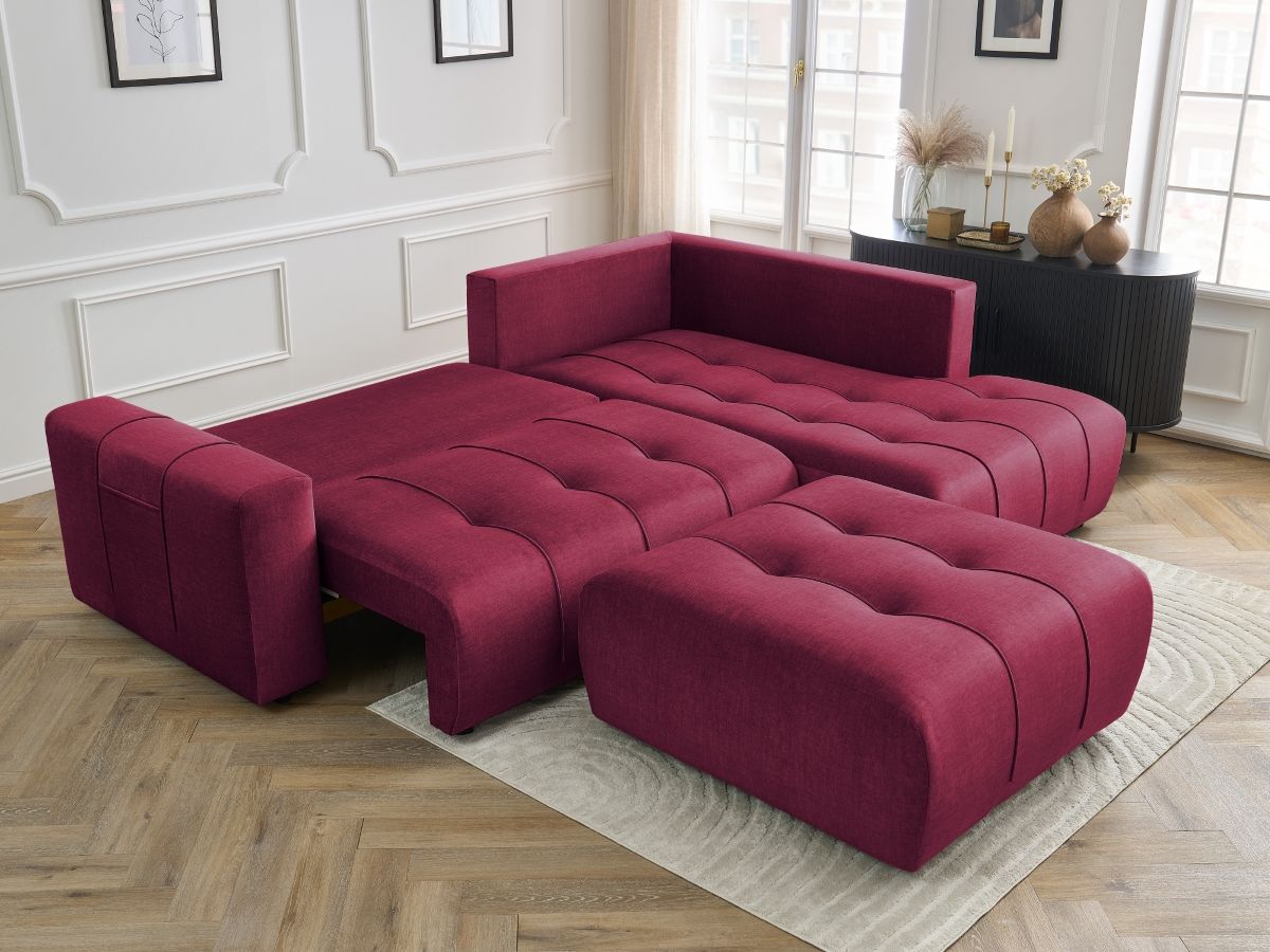 Canapé d'angle L convertible coffre ARSENE tissu velours avec pouf